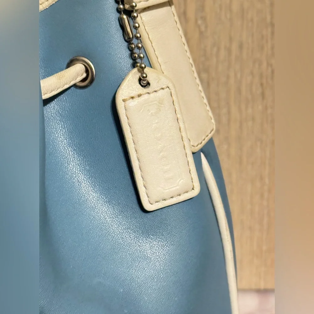 Vintage COACH Blue & White Leather Mini Bucket Drawstring Crossbody Shoulder Bag